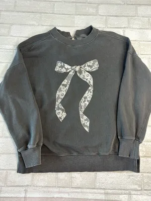 Aerie Oversized Black Sweatshirt with White Lace Bow Graphic Size XS thumbnail 2