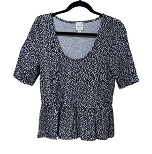Maeve Anthropologie Leopard Print Peplum‎ Black White Scoop Neck Short Sleeve L thumbnail 1