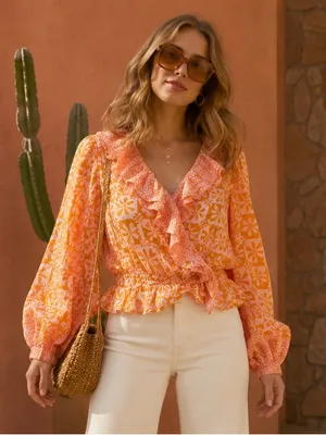 Free People 70s Retro Orange Pink Floral Ruffle Wrap Blouse Boho Peplum Top L thumbnail 1