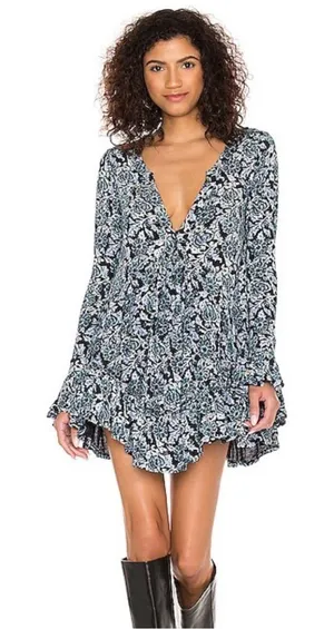 Free People Olivia Ruffled Tunic‎ Floral Dress Black and Deep Sea Green Boho M thumbnail 1