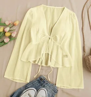 Yellow Ruffle Tie Front Peplum Blouse S V thumbnail 1