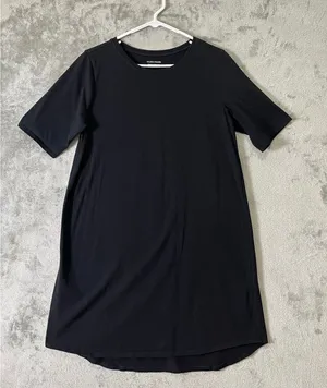 Eileen Fisher Cotton Stretch Jersey Black Round Neck Dress Minimalist Capsule MD thumbnail 1