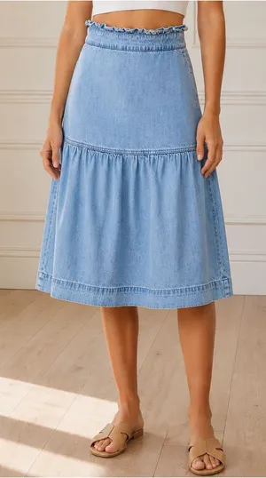Madewell Pull On Denim Midi Skirt Size XS Normandie Wash Ruffle Waist Pockets thumbnail 1