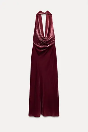 Zara maxi holiday dress velour Velvet Halter in Burgundy wedding party evening thumbnail 14