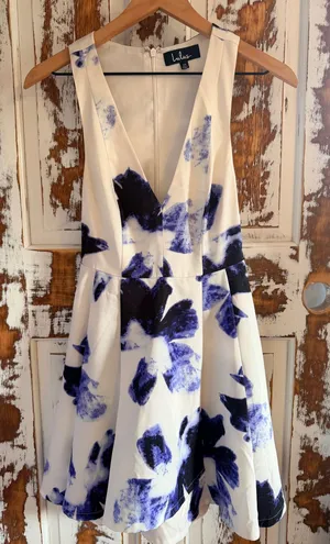 Lulus Seeing Chic Blue & Ivory Print Skater Dress Cottagecore Romantic European thumbnail 1