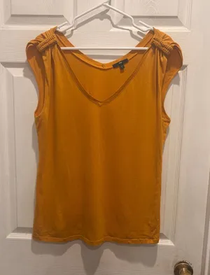 Gap Womens Mustard Yellow 100%‎ Pima Cotton Ruched Cap Sleeve V-Neck Top Large thumbnail 1