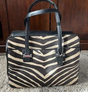 Tote zebra print in tan & black leather trim & handles EUC thumbnail 1