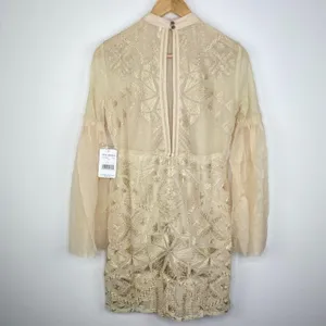 Free People Mini Boho Dress Women Size 0 Cream Embroidered Witch‎ Fairy Concert thumbnail 9