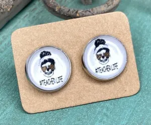 Teacher Life Skeleton Leopard Print Cabochon Stud Graphic Earrings Last One! thumbnail 1