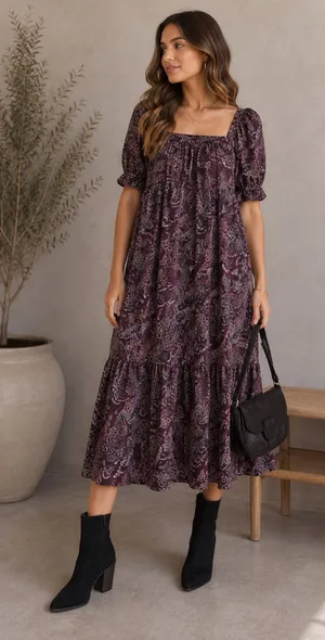Maeve by Anthropologie Lisabetta Purple‎ Paisley Square Neck Petal Sleeves Dress thumbnail 1