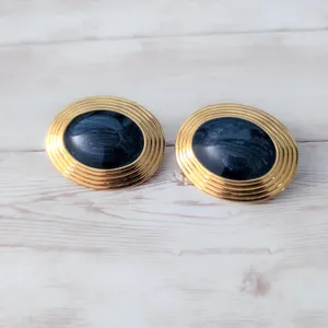 Vintage Clip On Earrings Very Large Dark Blue & Gold Tone Statement Oval 1.5" thumbnail 3