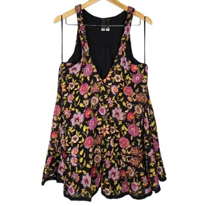 Free People Oh Baby Mini Dress Black Floral Smocked Sleeveless XS OB500470 thumbnail 4