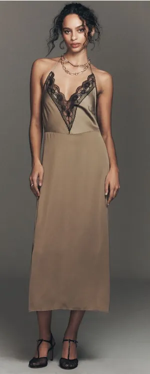 ANTHROPOLOGIE Lace Halter Midi Satin Slip Dress Taupe Size XL NEW thumbnail 1