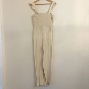 H&M Linen Blend Smocked Jumpsuit Small Wide Leg Beachy Coastal Minimalist‎ Beige thumbnail 5