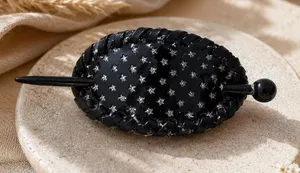 Black faux leather slide hair Stick Clip pin barrette. thumbnail 1