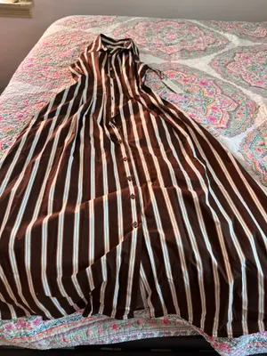 Brown striped button down maxi dress thumbnail 2