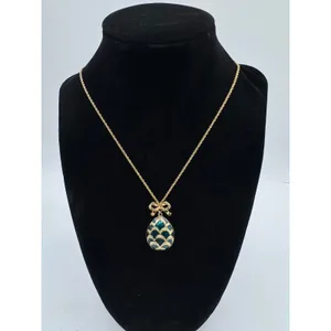 Vintage Blue Enamel Egg Pendant Necklace Bow Detail Gold Tone Chain‎ 18" thumbnail 2
