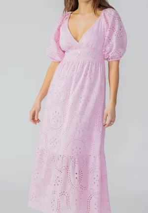 Sanctuary Ruffle Puff Sleeve Eyelet Maxi Dress Pink Size 6 NWOT thumbnail 6