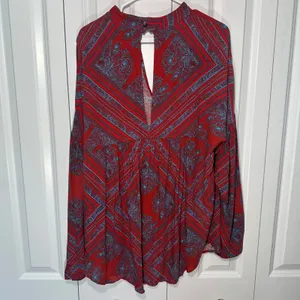 Free People Walking On A Dream Tunic Red Geometric Keyhole Large Western Boho thumbnail 4