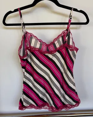 Y2K Hot Pink Silk Striped Lace Tank Top Cami 2000s Babydoll Indie Sleeze Medium thumbnail 3