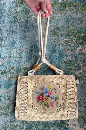 Vintage straw floral crochet tote purse thumbnail 6
