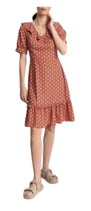 Molly Bracken Fit‎ & Flare Dress Red White Abstract Scoop Neck Ruffle Hem XS thumbnail 1