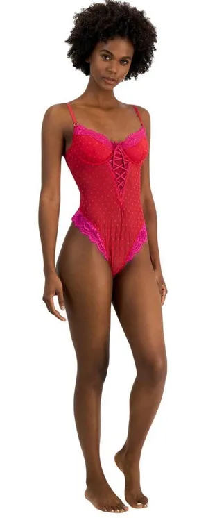 NWT INC International Concepts Floral Mesh Thong Bodysuit Crimson Leaf Red L thumbnail 1