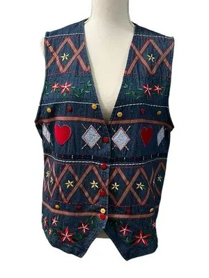 Vintage Napa Valley 90s Denim Embroidered Cottagecore Hearts Flowers Vest M thumbnail 1
