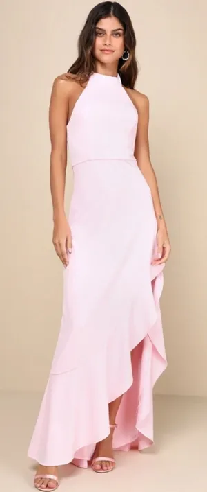 NWT Lulus Majestic Perfection Light Pink Ruffled Halter Maxi Dress Bride Size 2X thumbnail 1