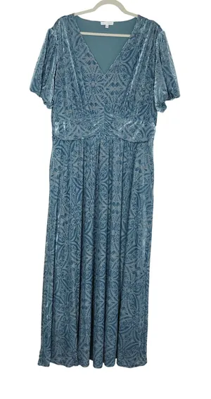 Baltic Born Size 2X Esmeralda Slate Blue Burnout Velvet Maxi Dress V-Neck Floral thumbnail 1
