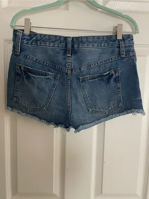 Free People Women's‎ Frayed Hem Mid-Rise Denim Shorts - Blue thumbnail 3