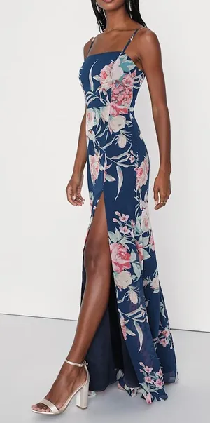 Lulu's Navy Floral Spaghetti-Strap Maxi Dress thumbnail 1