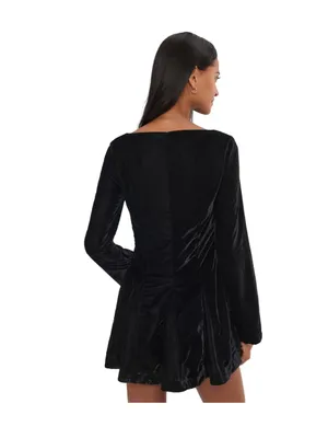 Free People Black Velvet Lace-Up Long Sleeve Mini Dress Size 8 thumbnail 2