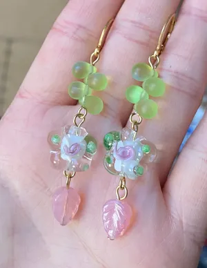 flower glass beads & quality Czech glass beads mix boho fairy retro vintage cottage chic style dangle earrings💐🩵 thumbnail 4