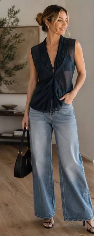 Marc Aurel Sheer Black Drape Front Sleeveless Knit Top Size 38 Medium thumbnail 1