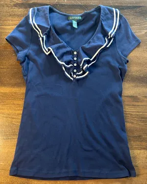Ralph Lauren Ruffle Top Med Sailor Navy Striped Cotton Nautical Preppy Coastal thumbnail 1