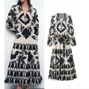 Zara Black & Cream Printed Long Sleeve Midi Dress thumbnail 2