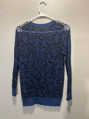 Hinge Nordstrom Womens Small S Blue Black Damask Intarsia Knit Sweater Top thumbnail 2