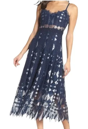 Foxiedox Dress Women Medium Blue Silver Lace‎ Bravo Zulu Midi Party Cocktail thumbnail 1