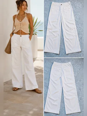 Free People The Thing Is Mid Rise Utility Pants Optic White Cargo Wide Leg~2🧡 thumbnail 2
