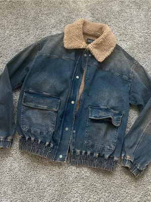 Dolls Kill Blue Denim Bomber Jacket with Tan Sherpa Collar thumbnail 2