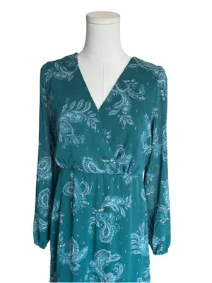Lucky Brand - NWT Teal Paisley Chiffon Midi Dress Long Sleeve Metallic Sz M thumbnail 4