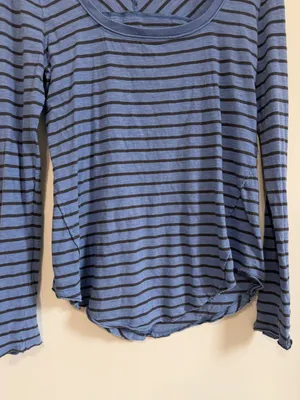 Free People Striped Blue Long Sleeve Top Size Large Shirt Boho Cotton thumbnail 5
