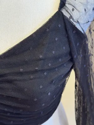 Blue Blush Black Mesh Top Crop Ruched Semi Sheer Polka Dots L thumbnail 5