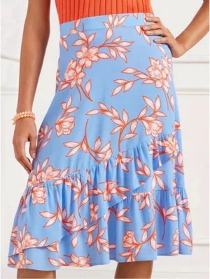 Talbots Blue Flowing Orange Hibiscus Ruffle Tiered Midi Skirt Size M thumbnail 1