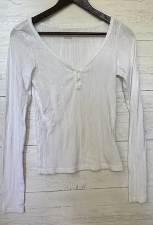 American Eagle Women's White Long Sleeve Shirt Small Ribbed Pattern 3-buttons thumbnail 1