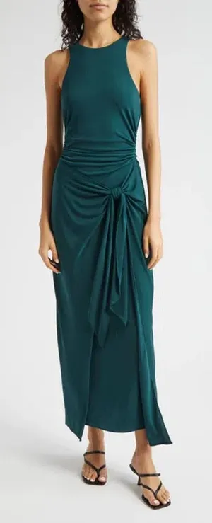 Cinq à Sept Andie Side Tie Dress Green Onyx Ruched Maxi Sleeveless thumbnail 1