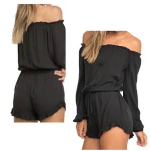 Brandy Melville Black Off The Shoulder Long Sleeve Stretch Ruffle Romper OS thumbnail 2