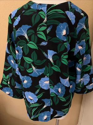 Ann Taylor Black Floral Keyhole Blouse with Blue & Green Motif thumbnail 6