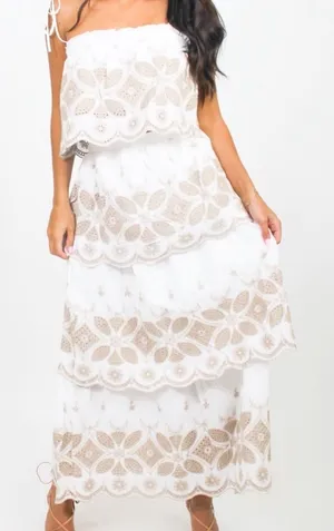 Illa Illa White and Tan Pattern Tiered Maxi Skirt and Top Set thumbnail 1